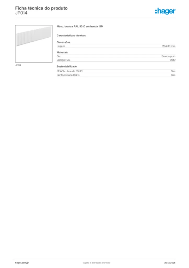 Imagem Hager Ficha técnica do produto JP014 | Hager Portugal