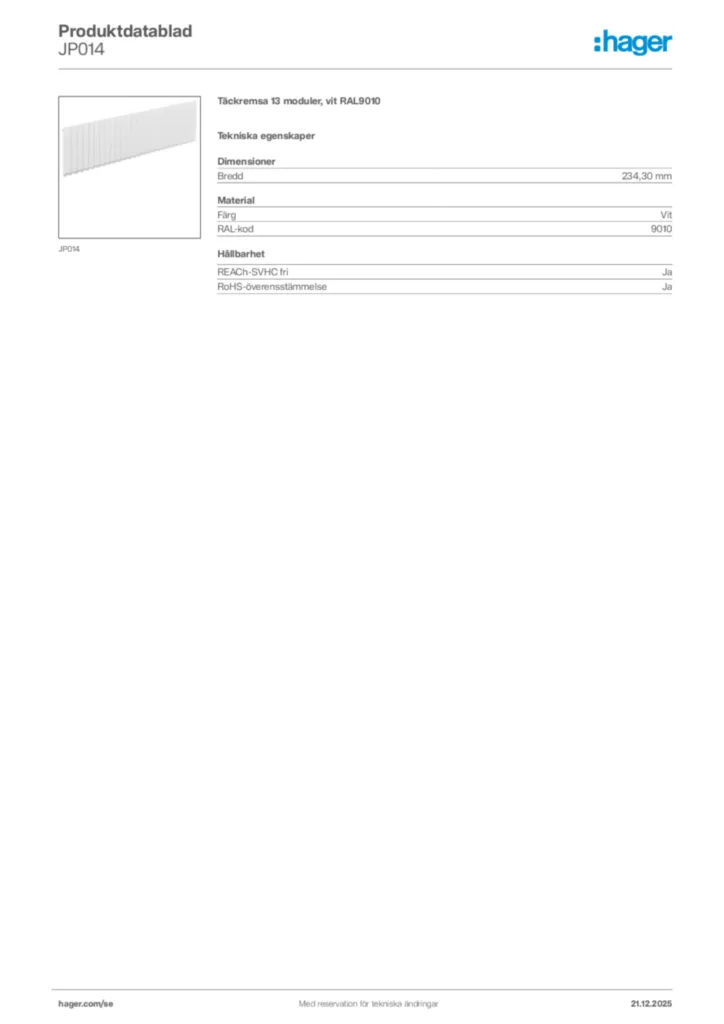 Bild Hager Produktdatablad JP014 | Hager Sverige