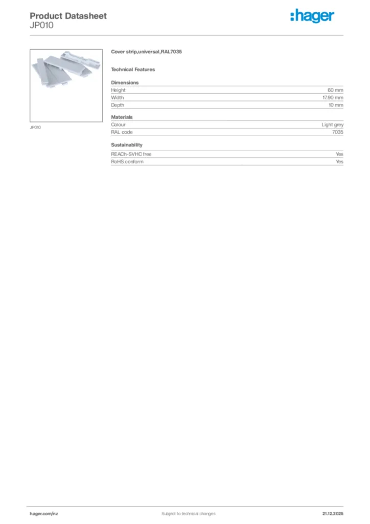 Image Hager Product data sheet JP010  | Hager New Zealand