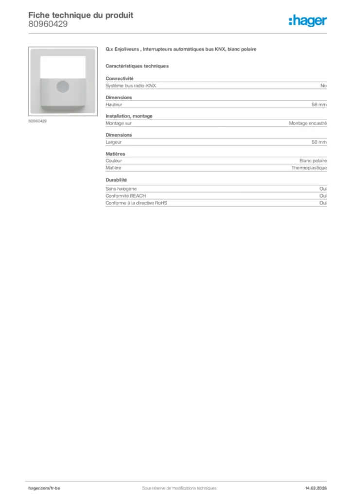 Image Hager Fiche technique du produit 80960429 | Hager Belgique