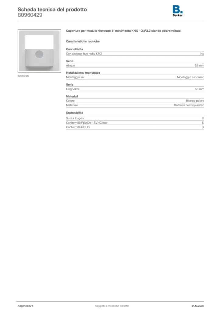 Immagine Berker Scheda tecnica del prodotto 80960429 | Hager Italia