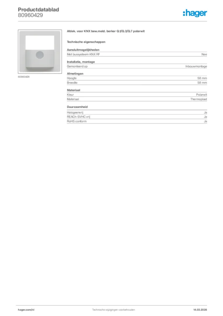 Afbeelding Hager Productdatablad 80960429 | Hager Nederland