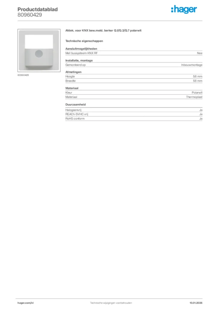 Afbeelding Hager Productdatablad 80960429 | Hager Nederland