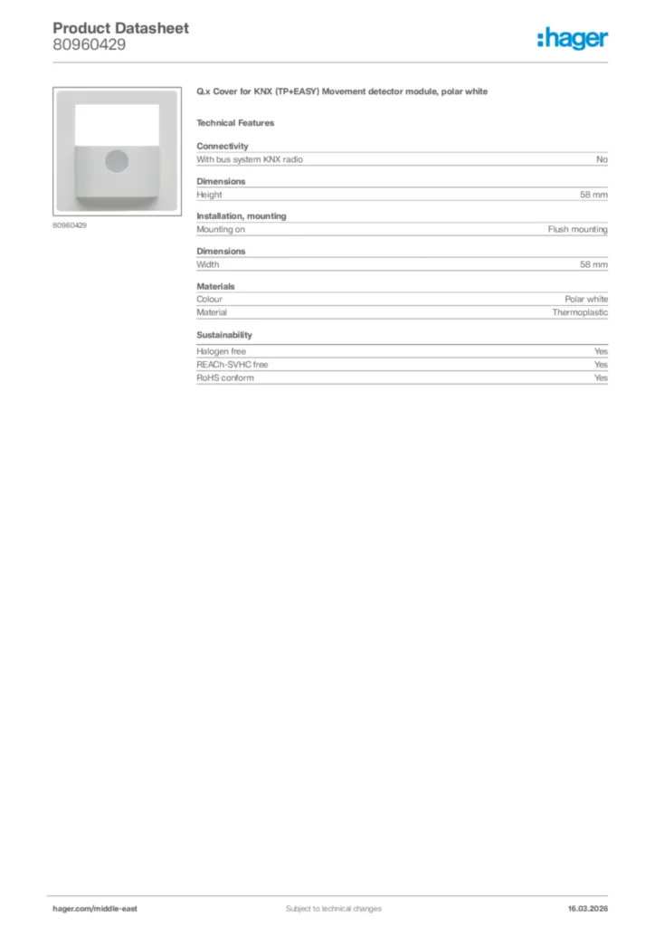 Image Hager Product data sheet 80960429  | Hager