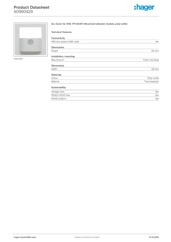 Image Hager Product data sheet 80960429  | Hager