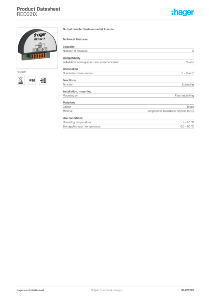 Image Hager Product data sheet RED321X  | Hager