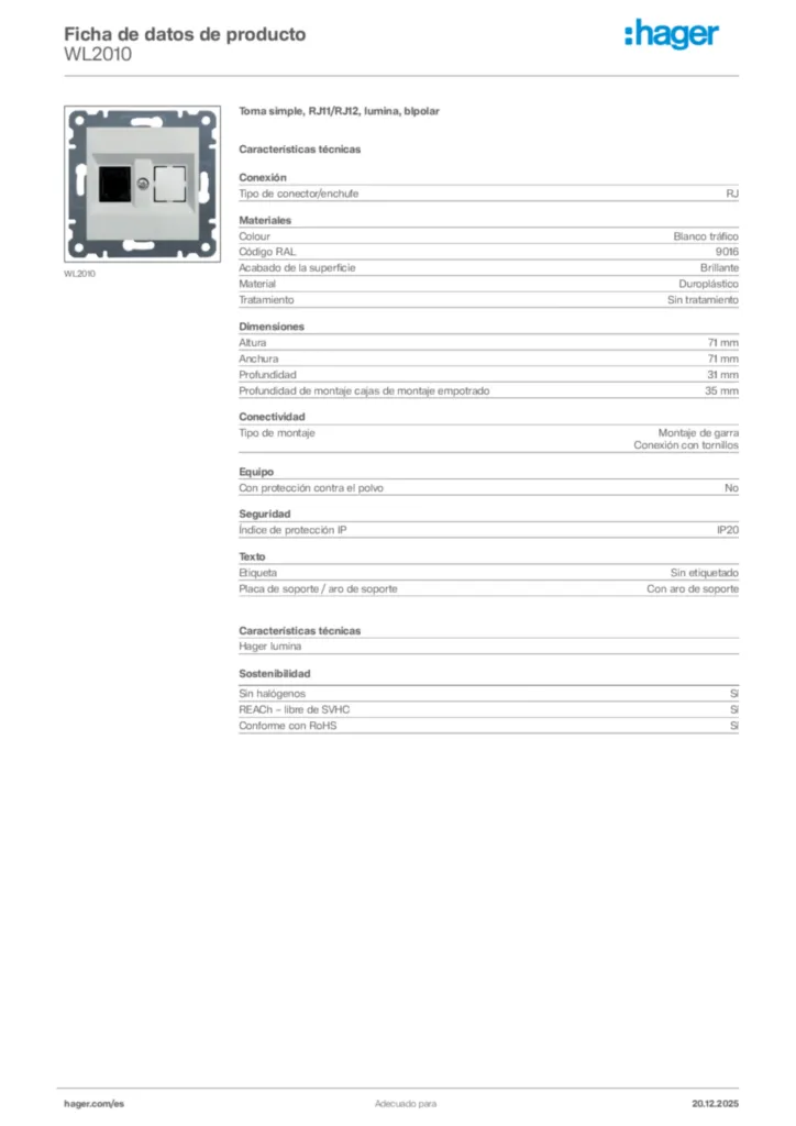 Imagen Hager Ficha de datos de producto WL2010 | Hager España