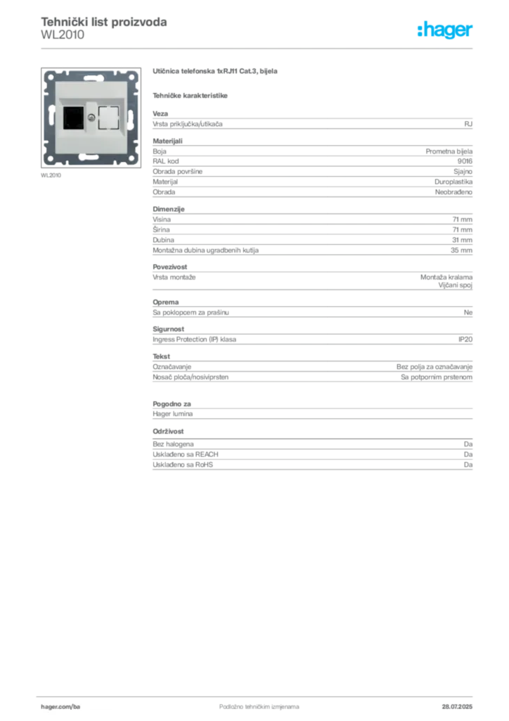 Slika Hager Product data sheet WL2010  | Hager
