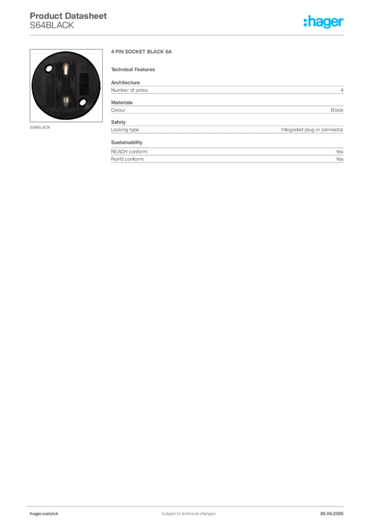 Image Hager Product data sheet S64BLACK  | Hager