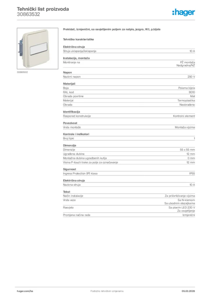 Slika Hager Tehnički list proizvoda 30863532  | Hager