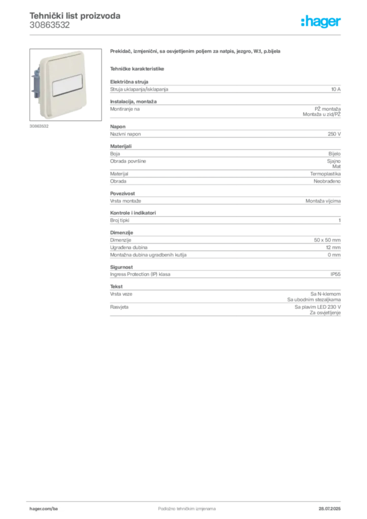 Slika Hager Product data sheet 30863532  | Hager