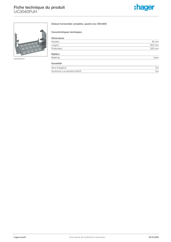 Image Hager Fiche technique du produit UC3040FUH | Hager France
