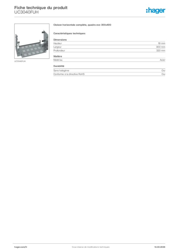Image Hager Fiche technique du produit UC3040FUH | Hager France