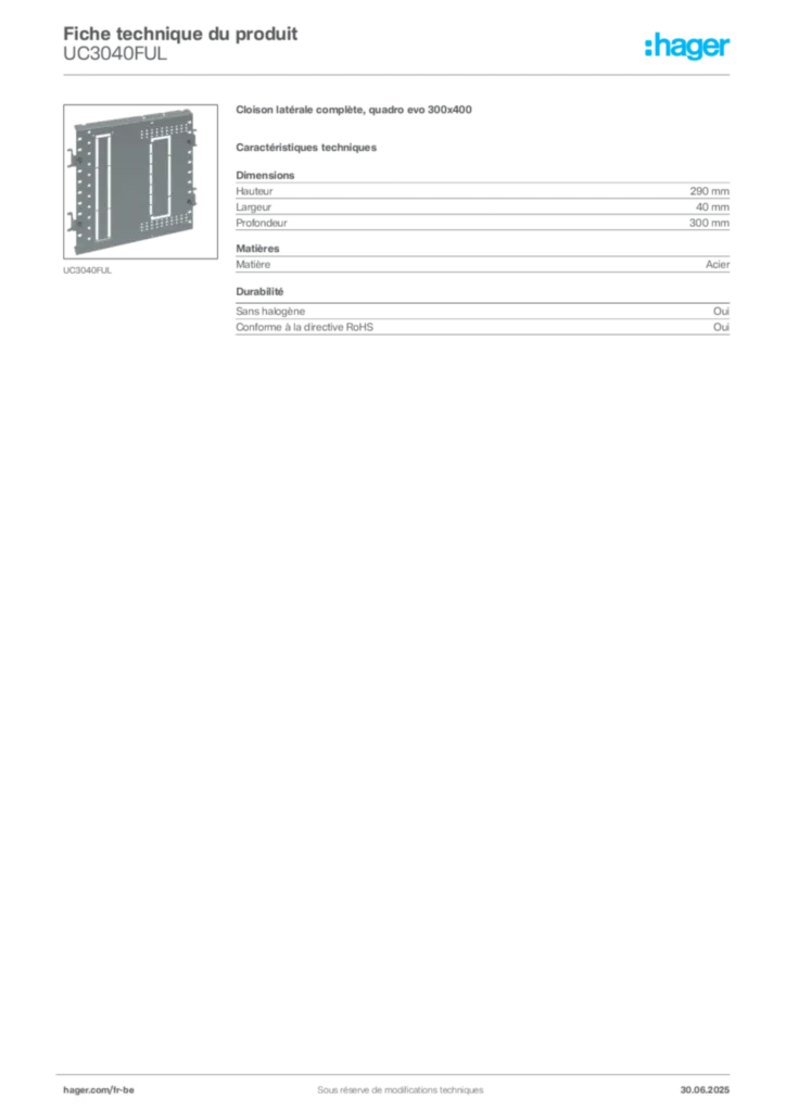 Image Hager Fiche technique du produit UC3040FUL | Hager Belgique