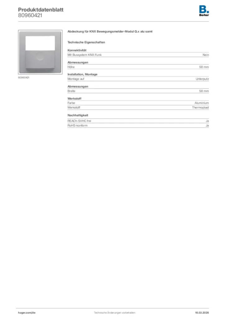 Bild Berker Produktdatenblatt 80960421 | Hager Deutschland