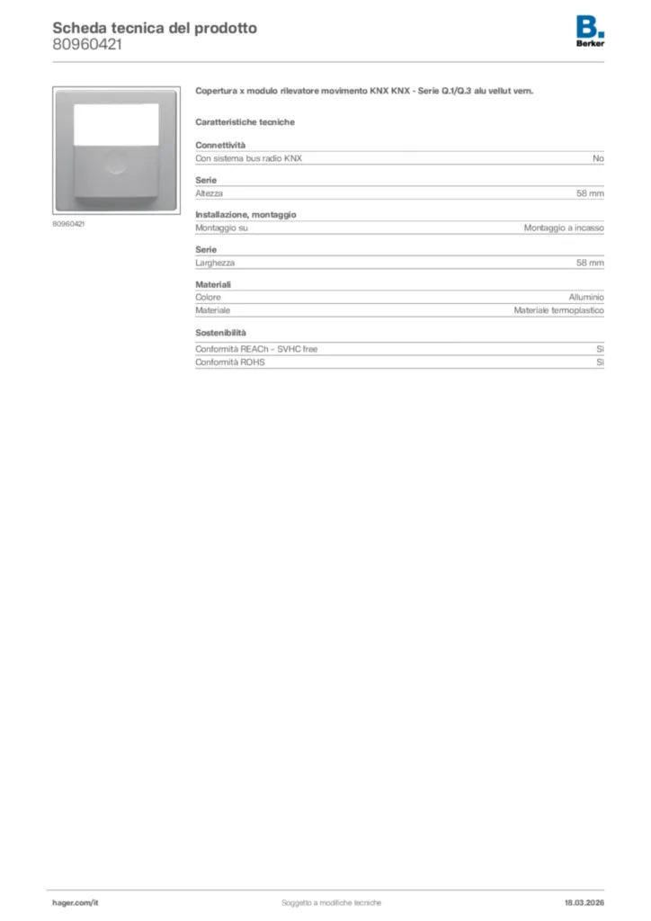 Immagine Berker Scheda tecnica del prodotto 80960421 | Hager Italia