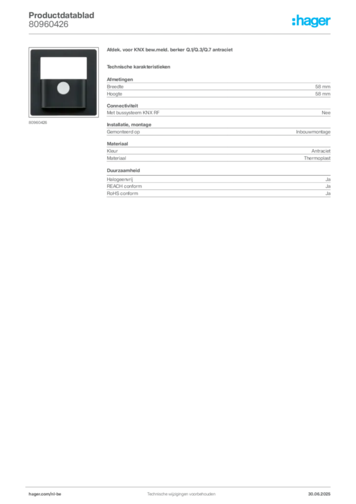Afbeelding Hager Productdatablad 80960426 | Hager Belgium