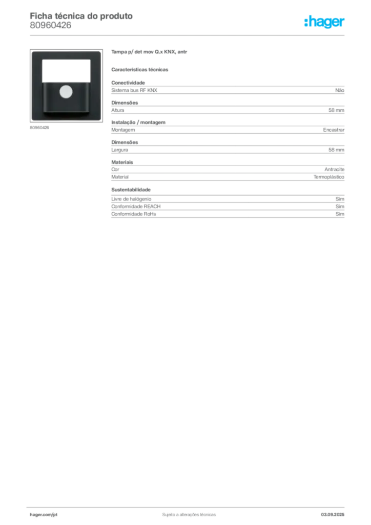 Imagem Hager Ficha técnica do produto 80960426 | Hager Portugal