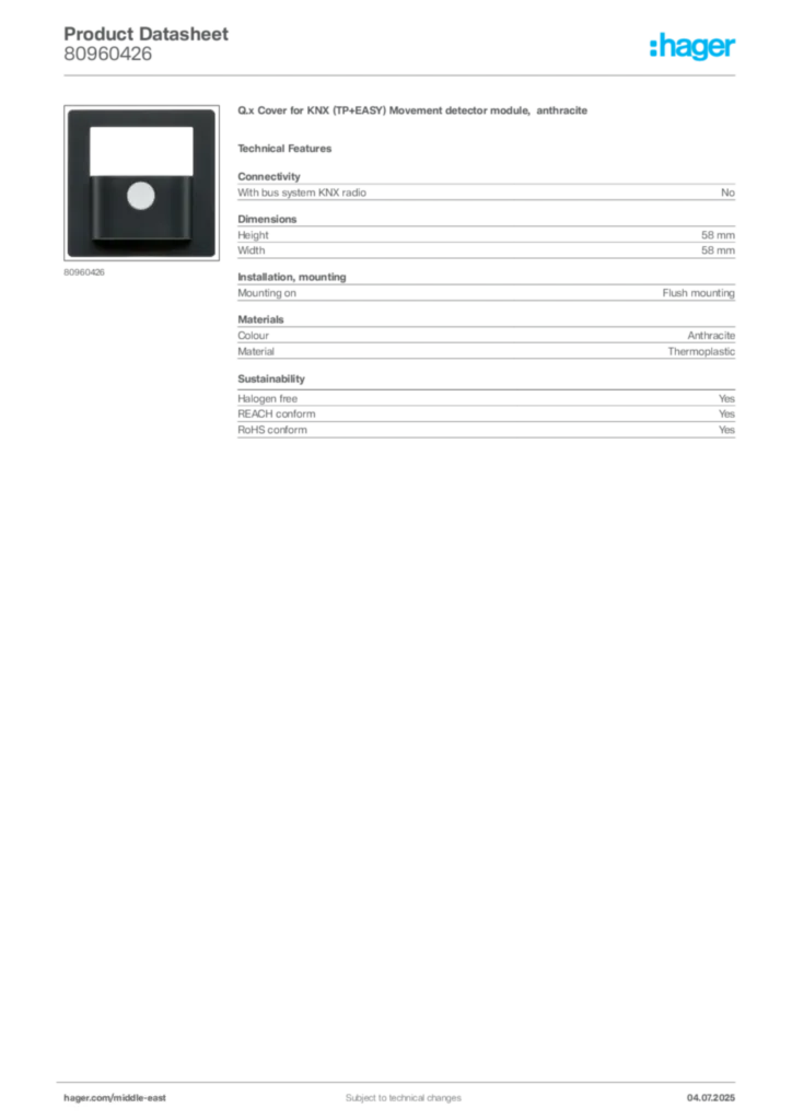 Image Hager Product data sheet 80960426  | Hager