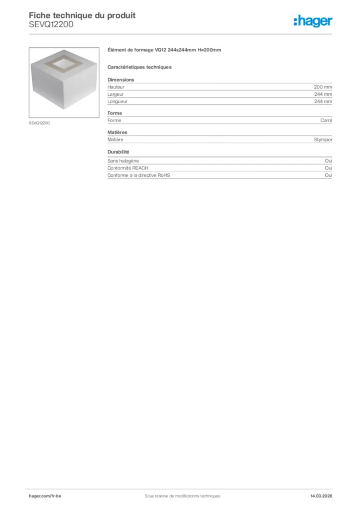 Image Hager Fiche technique du produit SEVQ12200 | Hager Belgique