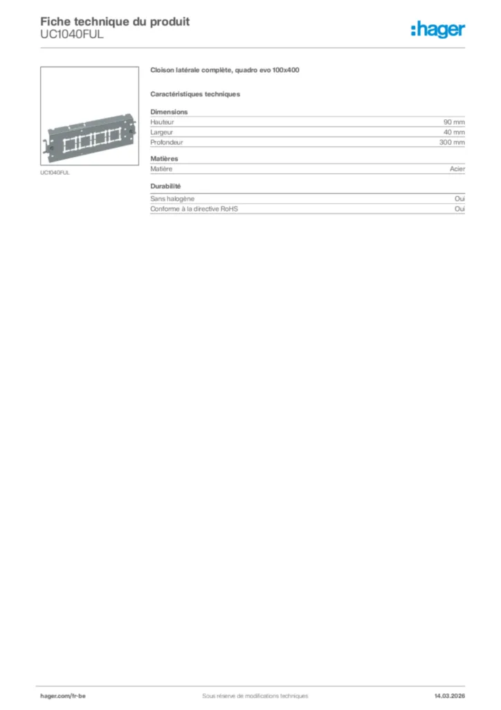 Image Hager Fiche technique du produit UC1040FUL | Hager Belgique