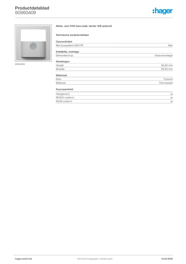 Afbeelding Hager Productdatablad 80960409 | Hager Belgium
