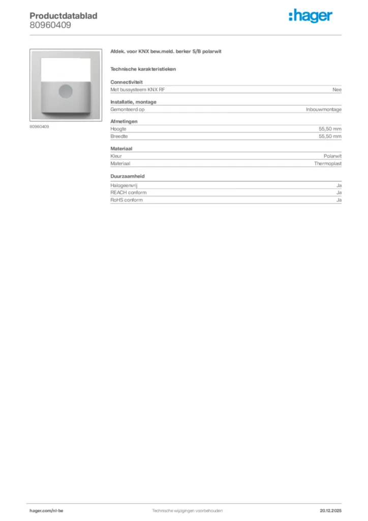 Afbeelding Hager Productdatablad 80960409 | Hager Belgium