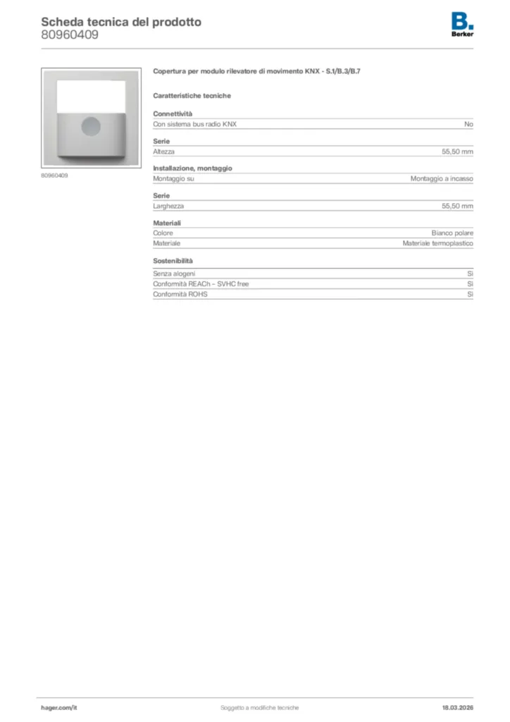 Immagine Berker Scheda tecnica del prodotto 80960409 | Hager Italia