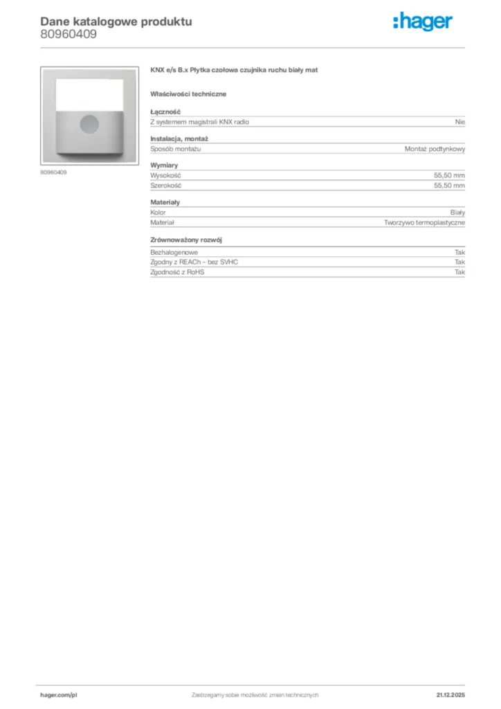 Zdjęcie Hager Dane katalogowe produktu 80960409 | Hager Polska