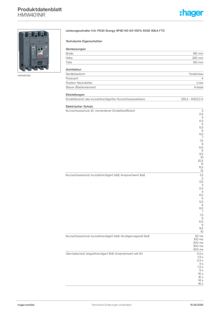 Bild Hager Produktdatenblatt HMW401NR | Hager Deutschland