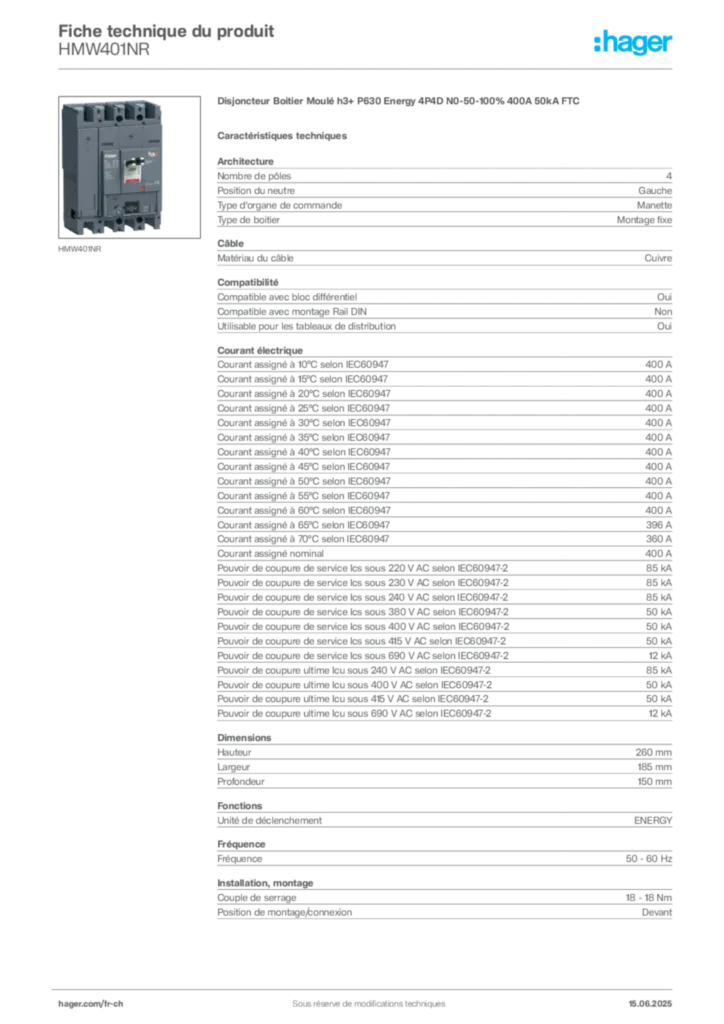 Image Hager Fiche technique du produit HMW401NR | Hager Suisse