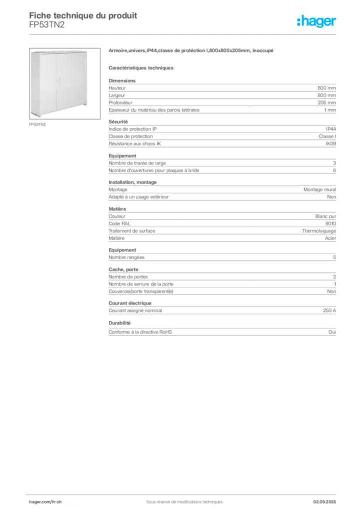 Image Hager Fiche technique du produit FP53TN2 | Hager Suisse
