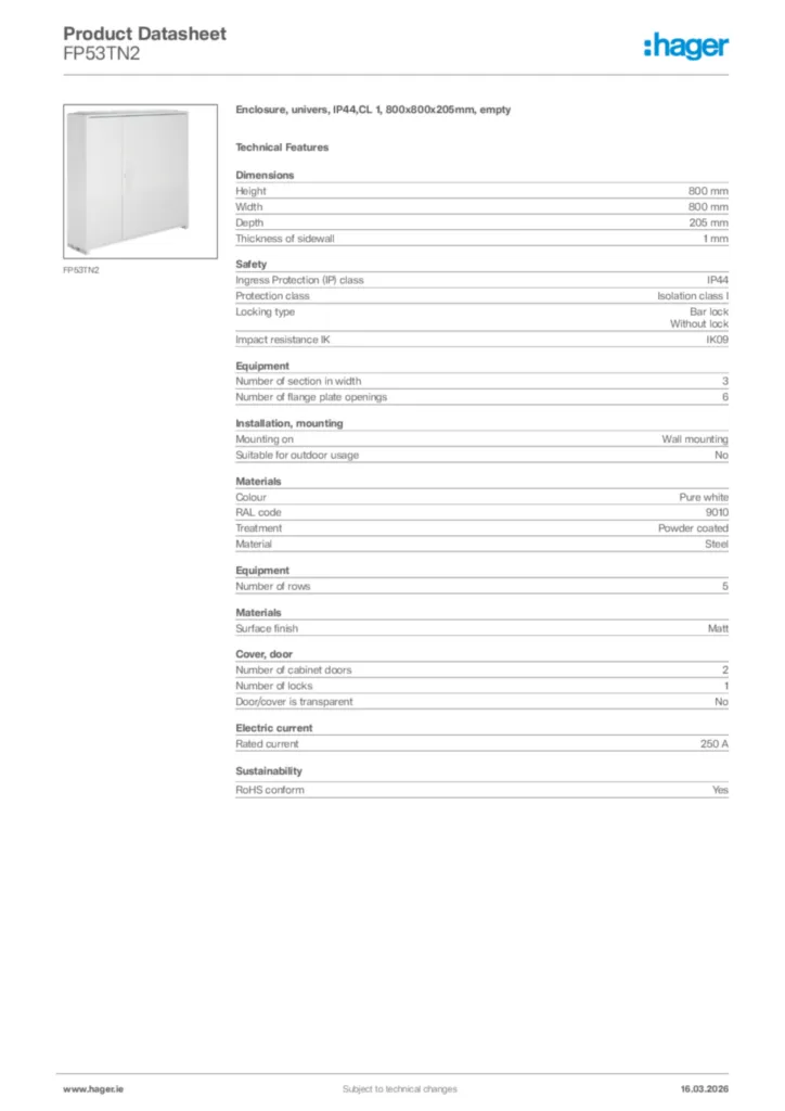 Image Hager Product data sheet FP53TN2  | Hager