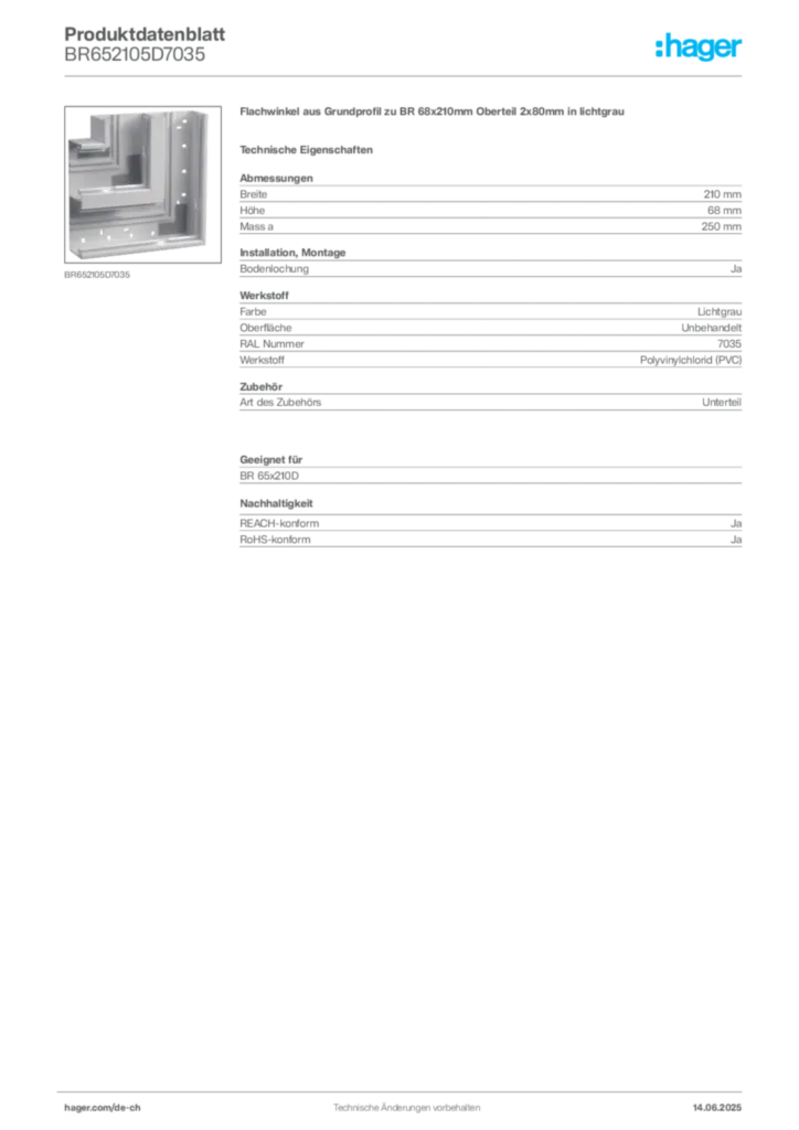 Bild Hager Produktdatenblatt BR652105D7035 | Hager Schweiz