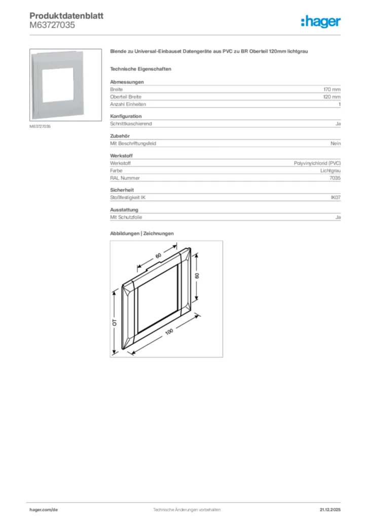 Bild Hager Produktdatenblatt M63727035 | Hager Deutschland