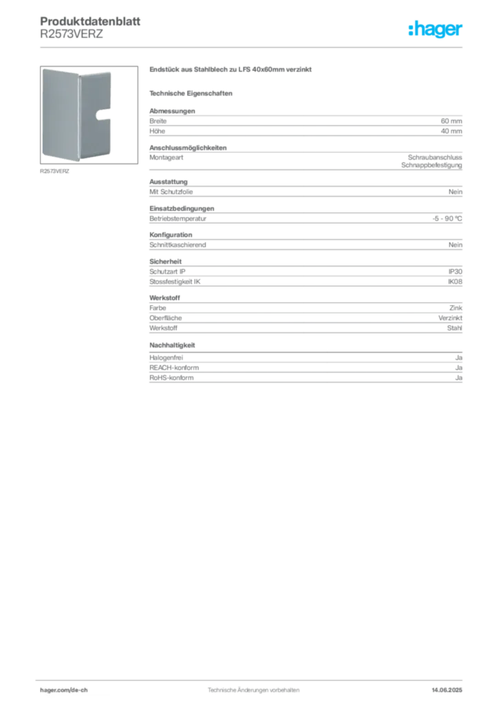 Bild Hager Produktdatenblatt R2573VERZ | Hager Schweiz