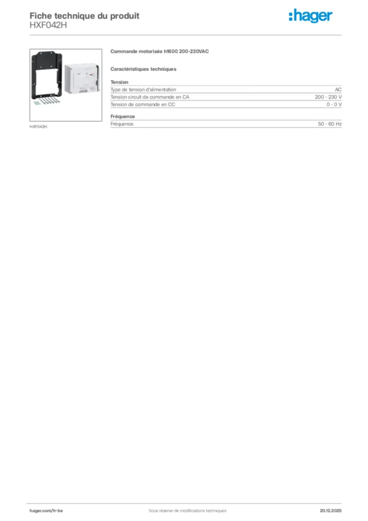 Image Hager Fiche technique du produit HXF042H | Hager Belgique