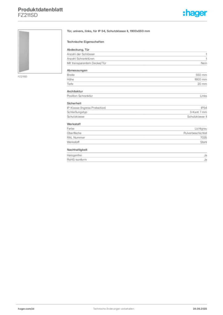 Bild Hager Produktdatenblatt FZ211SD | Hager Deutschland