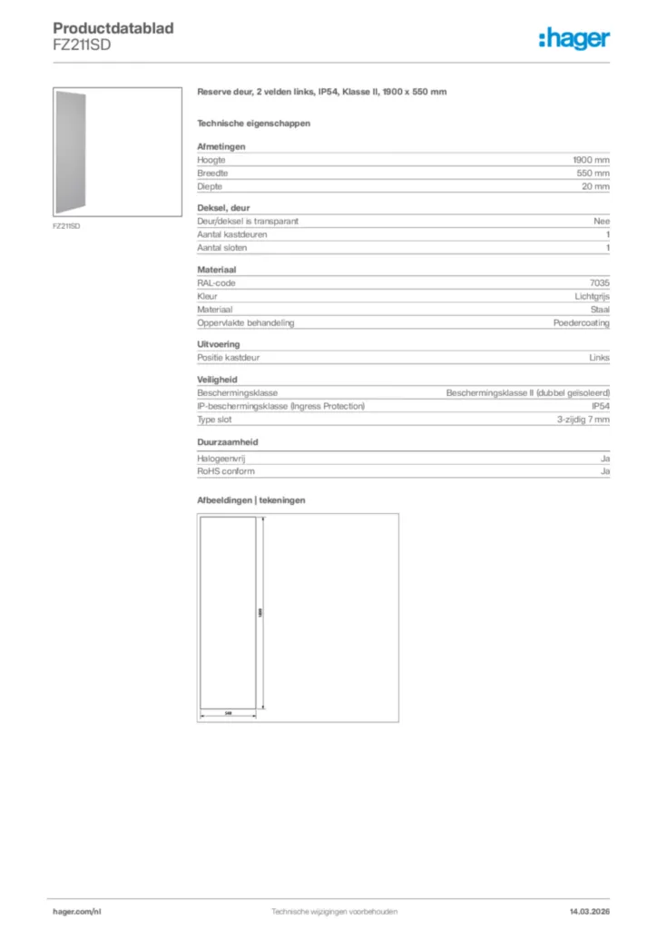 Afbeelding Hager Productdatablad FZ211SD | Hager Nederland