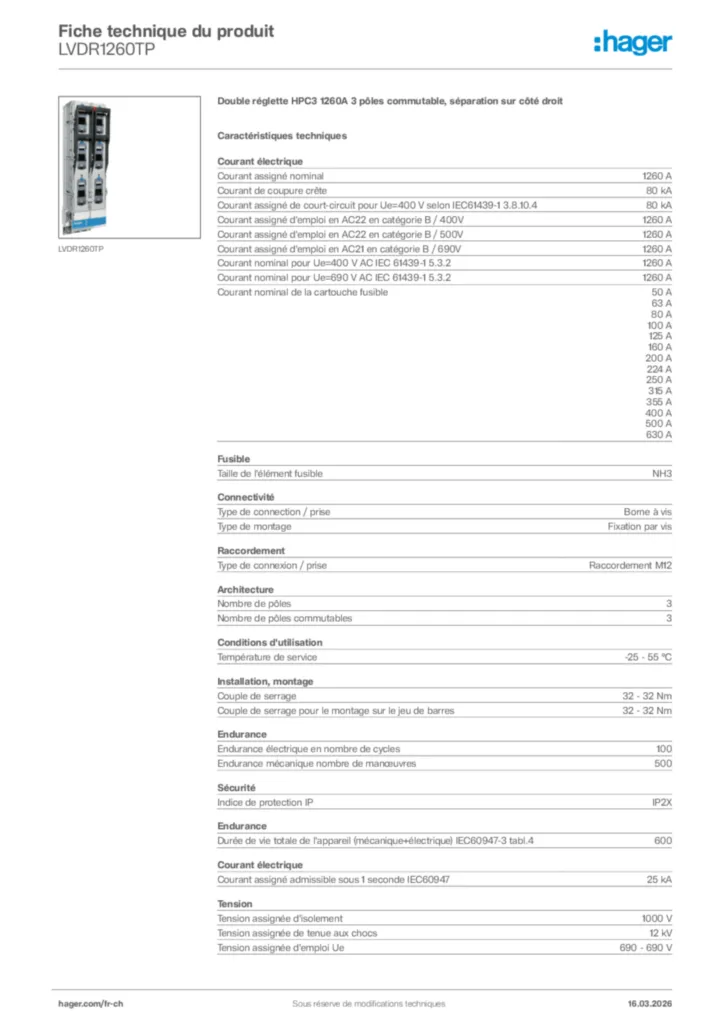 Image Hager Fiche technique du produit LVDR1260TP | Hager Suisse