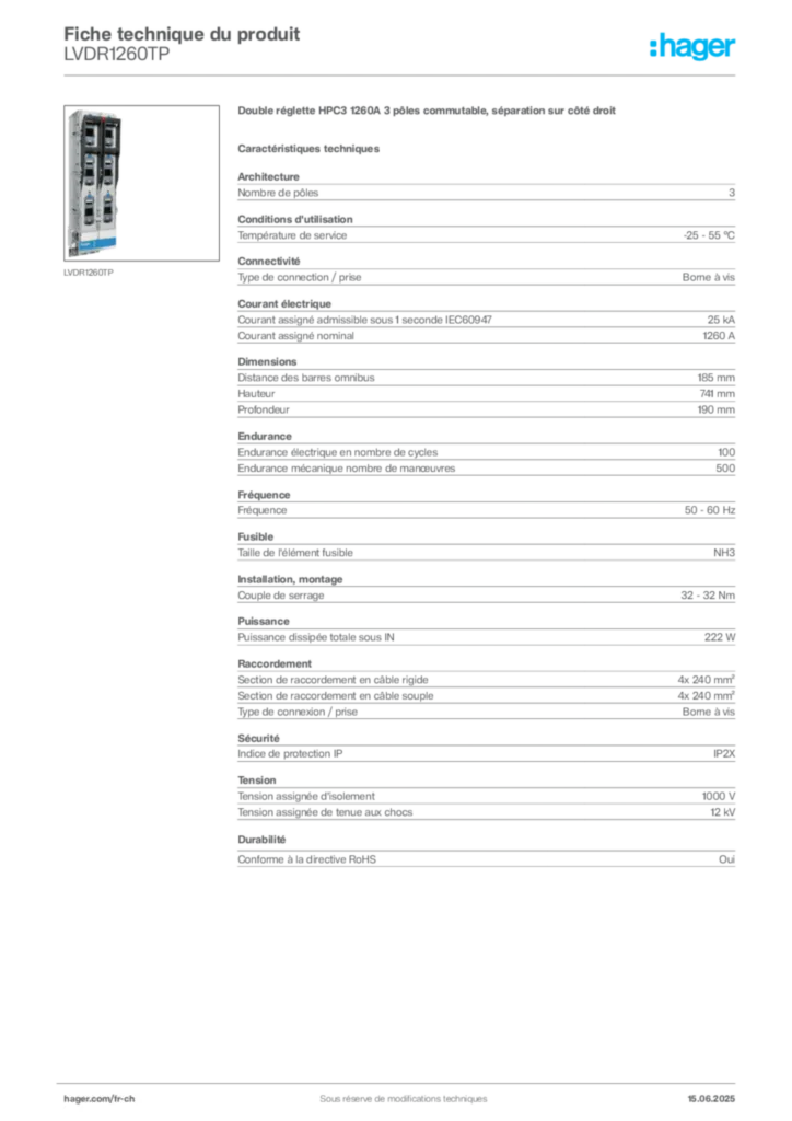Image Hager Fiche technique du produit LVDR1260TP | Hager Suisse