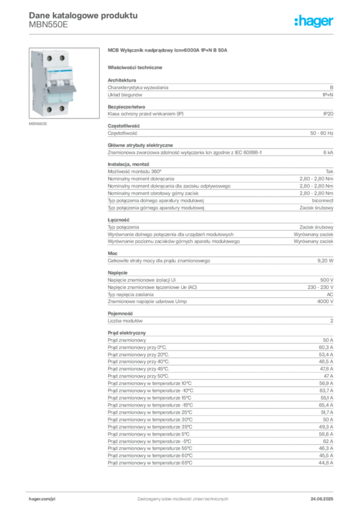 Zdjęcie Hager Dane katalogowe produktu MBN550E | Hager Polska