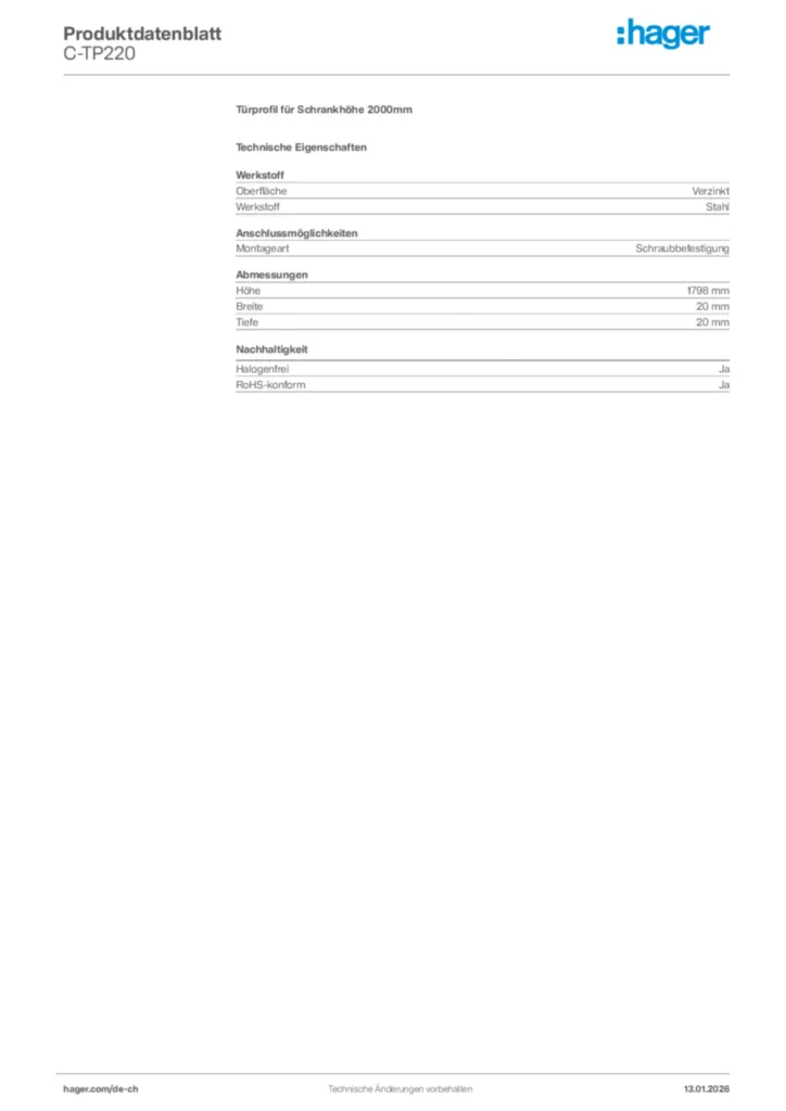Bild Hager Produktdatenblatt C-TP220 | Hager Schweiz