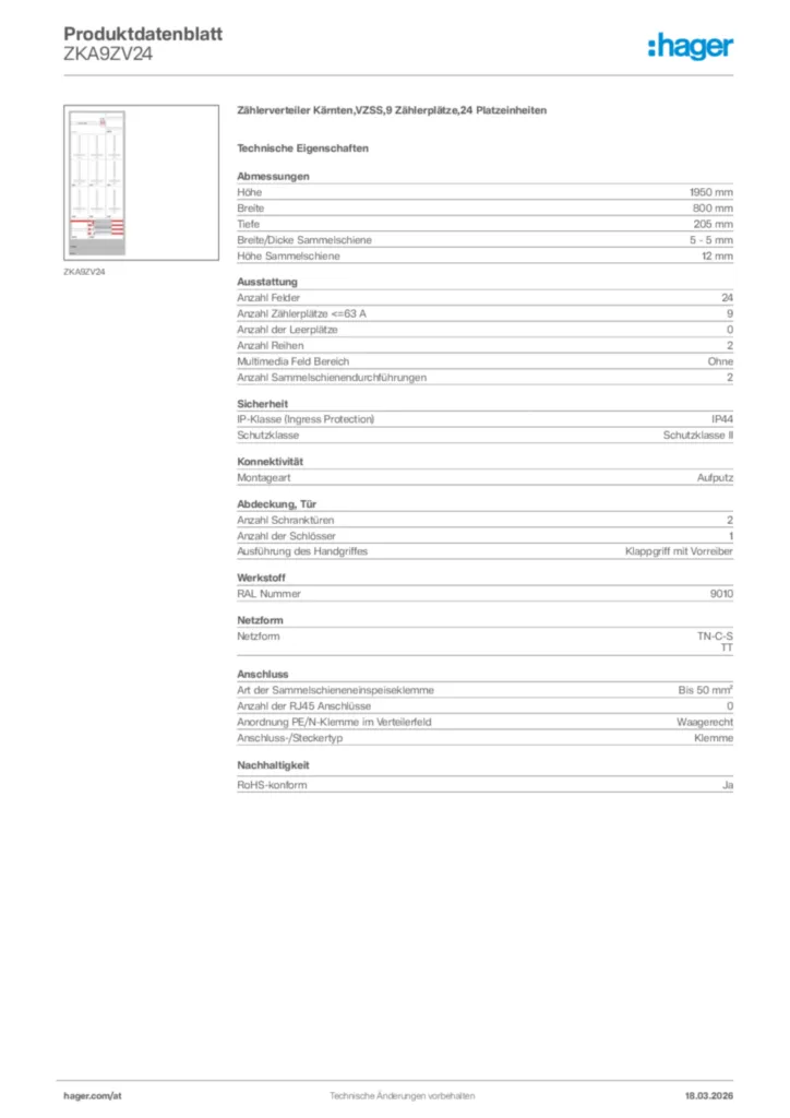 Bild Hager Produktdatenblatt ZKA9ZV24 | Hager Deutschland