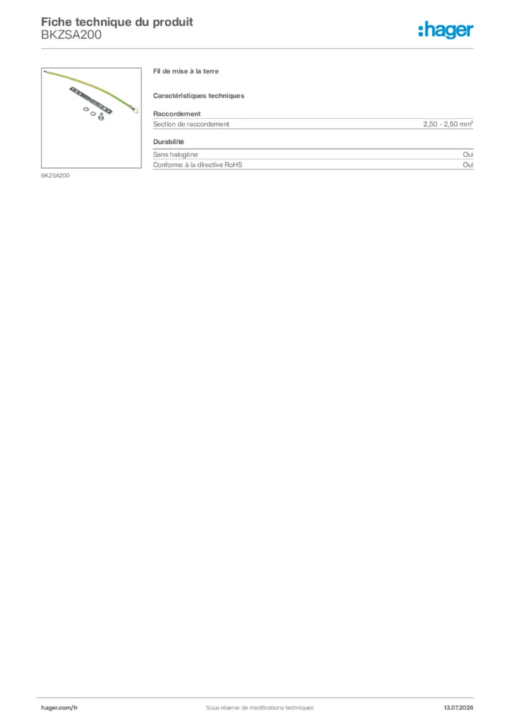 Image Hager Fiche technique du produit BKZSA200 | Hager France