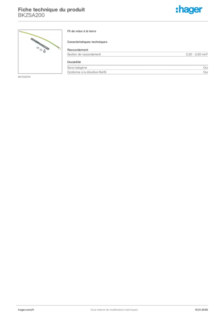 Image Hager Fiche technique du produit BKZSA200 | Hager France