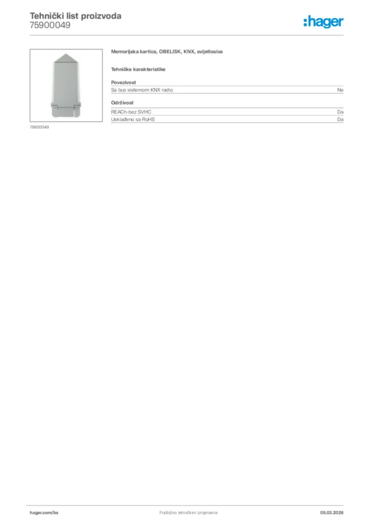 Slika Hager Tehnički list proizvoda 75900049  | Hager