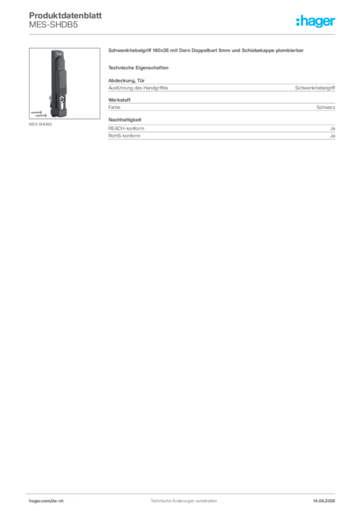 Bild Hager Produktdatenblatt MES-SHDB5 | Hager Schweiz