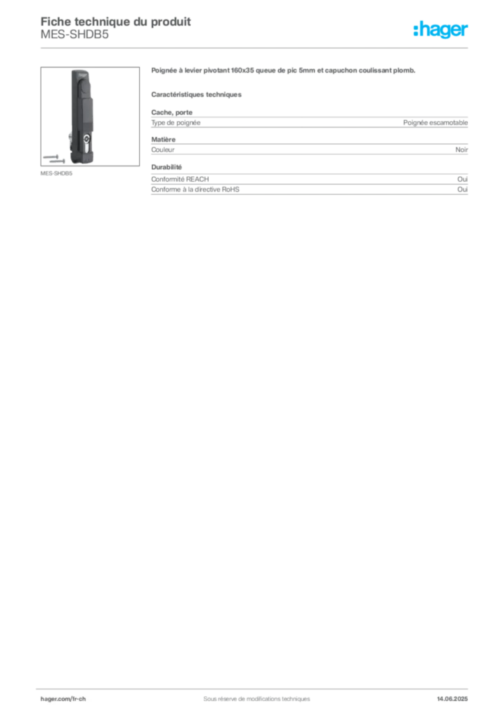 Image Hager Fiche technique du produit MES-SHDB5 | Hager Suisse
