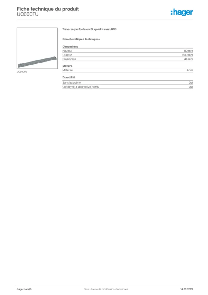 Image Hager Fiche technique du produit UC600FU | Hager France